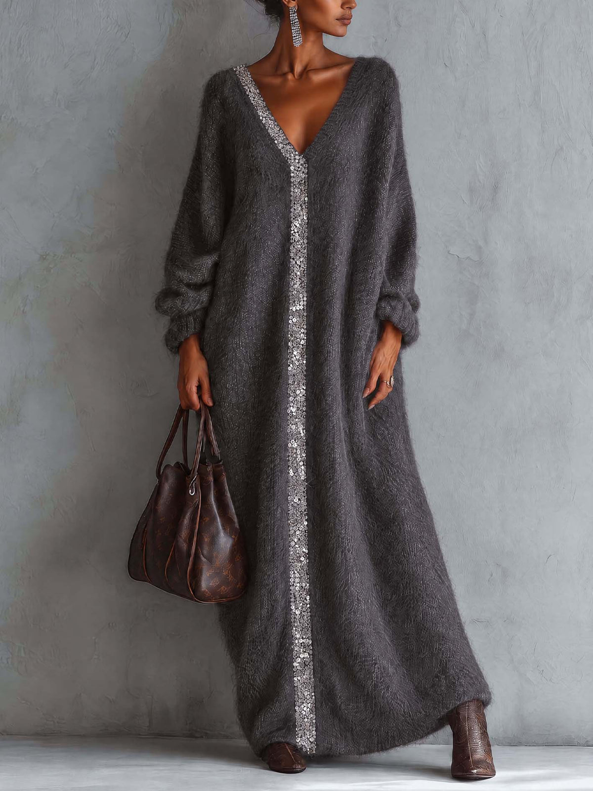Charcoal Gray Fuzzy Mohair Knit Maxi Dress With Vertical Sequin Trim Placket