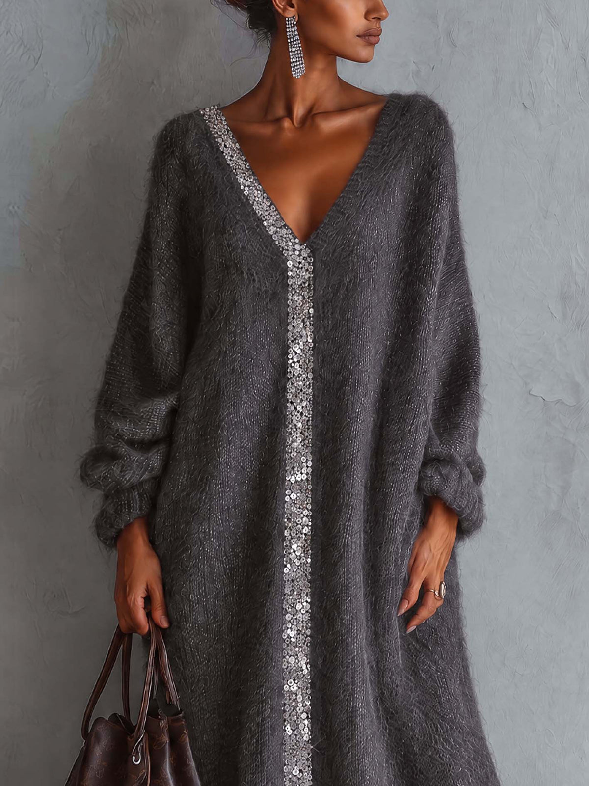 Charcoal Gray Fuzzy Mohair Knit Maxi Dress With Vertical Sequin Trim Placket