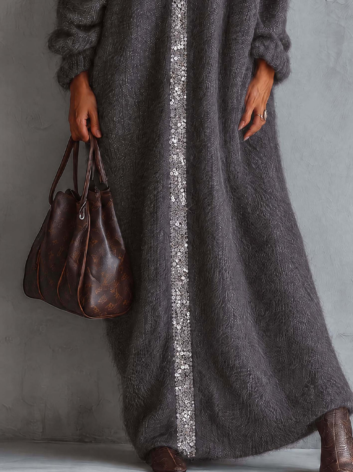 Charcoal Gray Fuzzy Mohair Knit Maxi Dress With Vertical Sequin Trim Placket