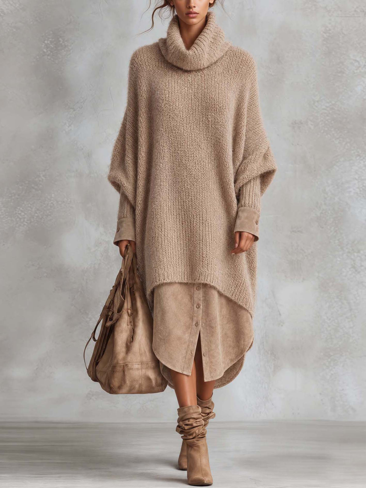 Camel Oversized Mohair Knit Poncho Midi Dress With Faux Suede Button-Front Skirt Panel