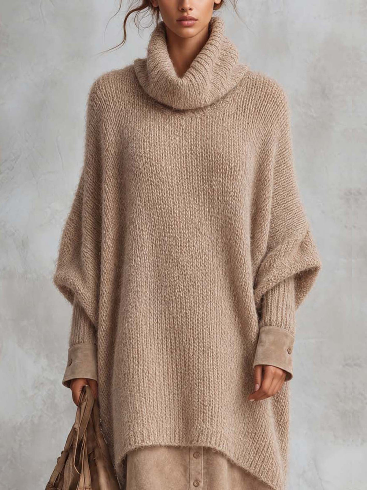 Camel Oversized Mohair Knit Poncho Midi Dress With Faux Suede Button-Front Skirt Panel