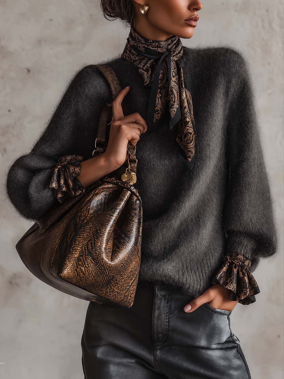 Charcoal Mohair Sweater With Paisley Satin Scarf Neck And Ruffled Cuffs