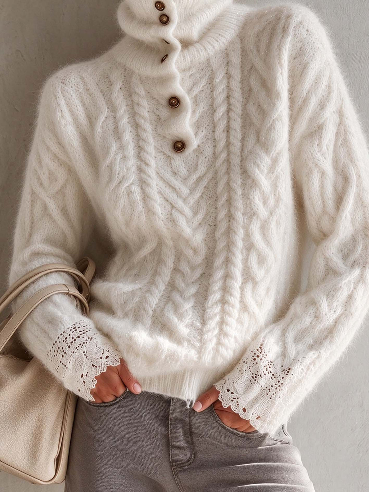Ivory Mohair Cable Knit Turtleneck Sweater With Buttons And Crochet Lace Cuffs