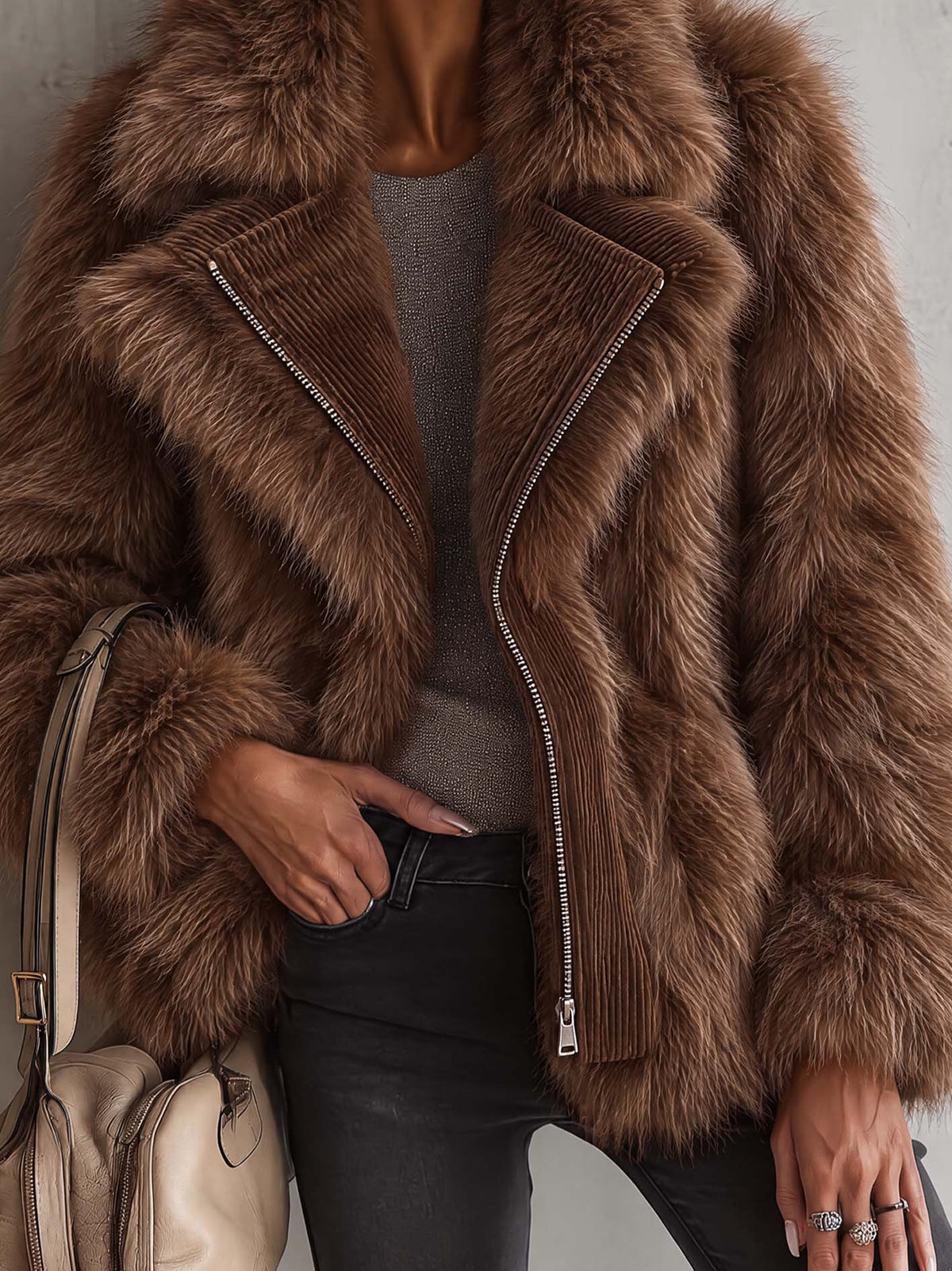 Cognac Brown Faux Fox Fur Moto Jacket With Corduroy Trim And Front Zip