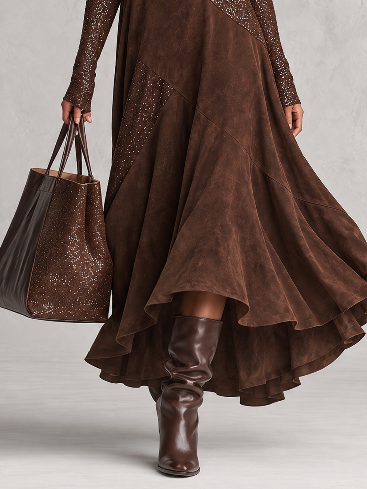 Brown Sequin Patchwork Faux Suede One Shoulder Maxi Dress