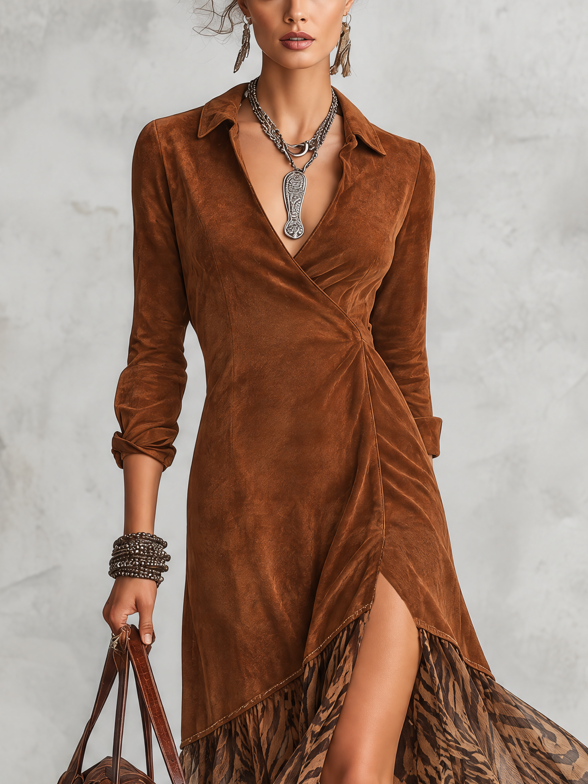 Brown Faux Suede Wrap Dress With Zebra Print Chiffon Ruffle Hem