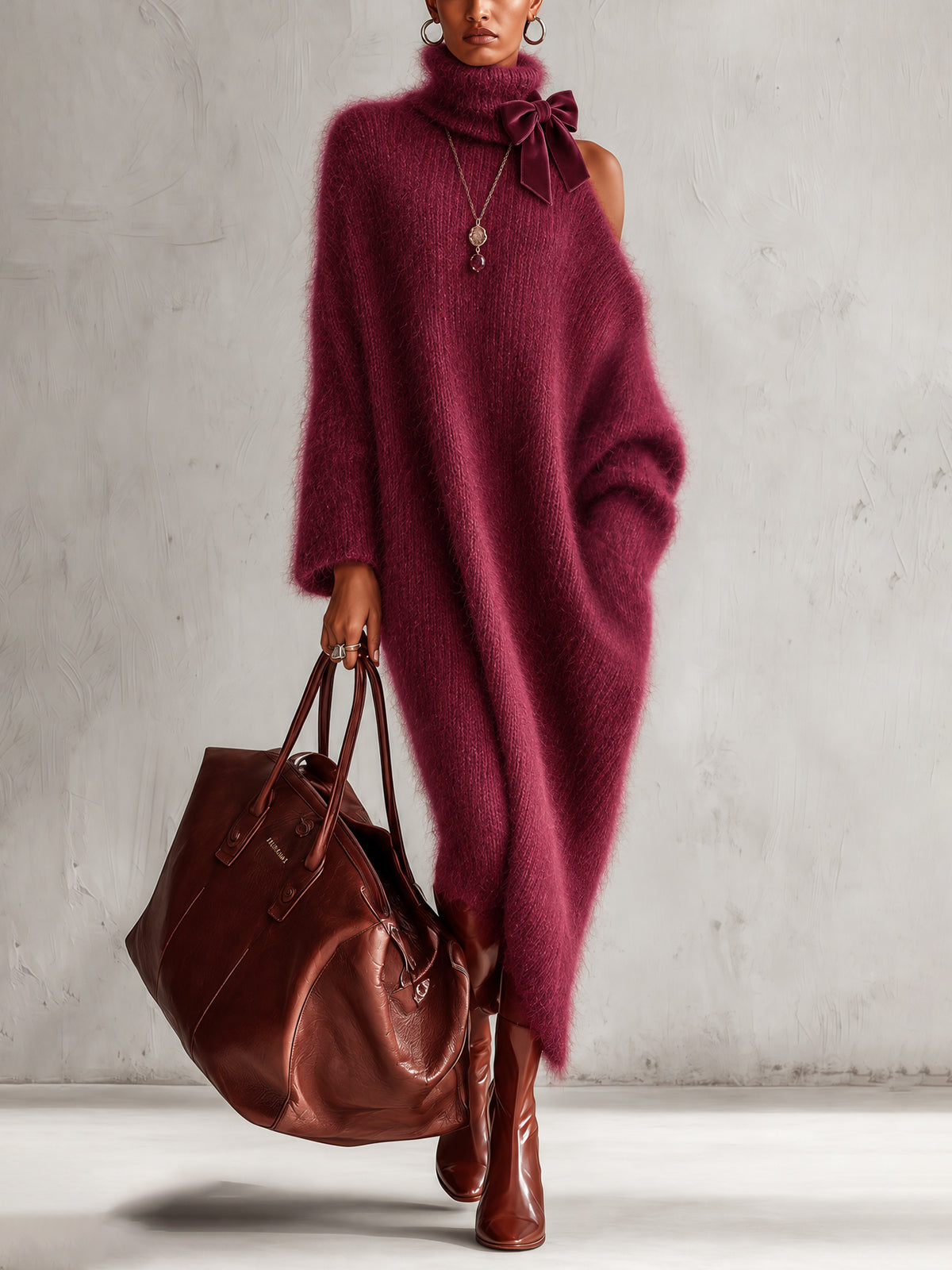 Red Mohair Knit Turtleneck Cold-Shoulder Bow Oversized Maxi Dress