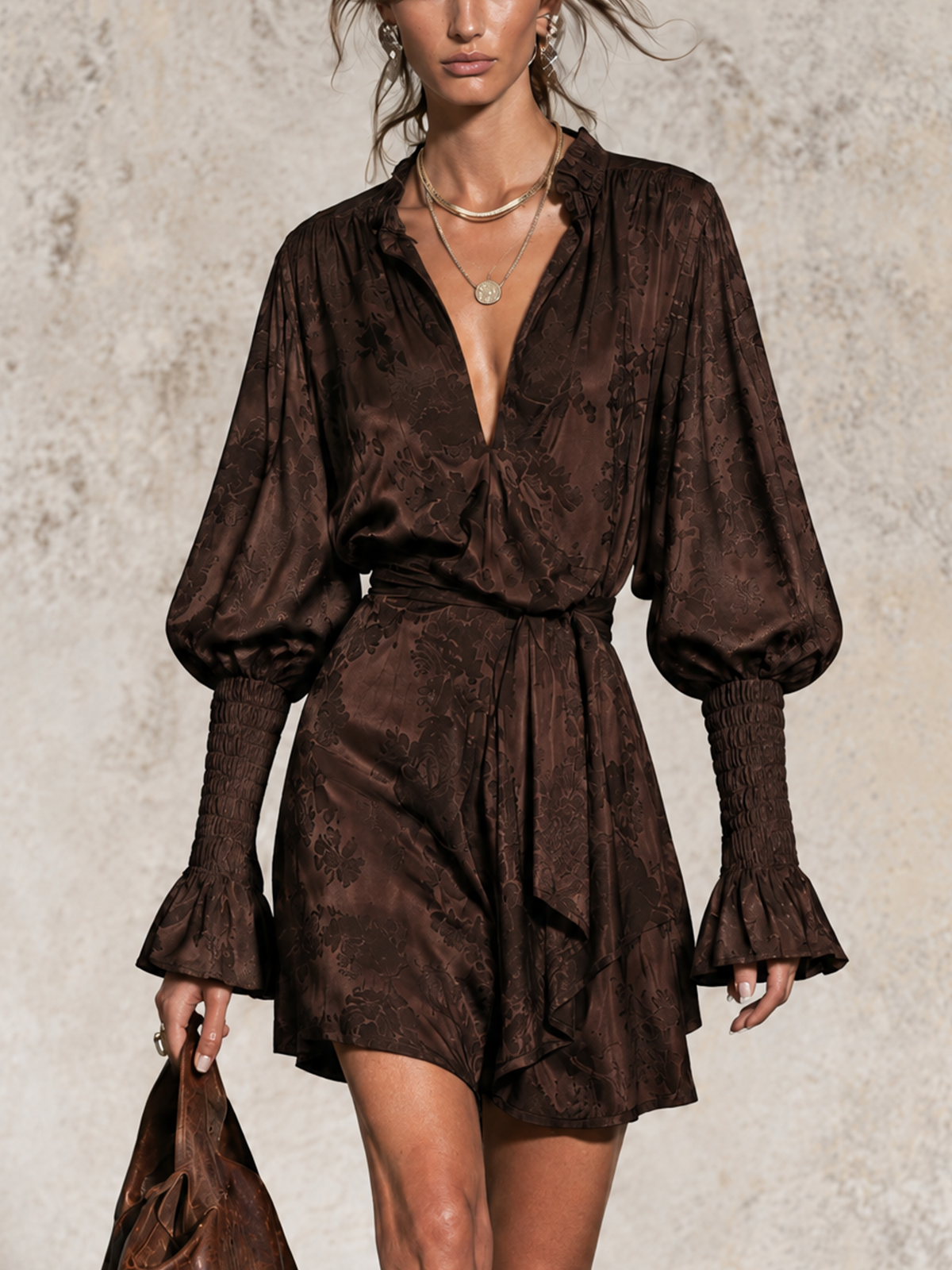 Chocolate Brown Jacquard Ruffled V-Neck Balloon Sleeve Mini Dress