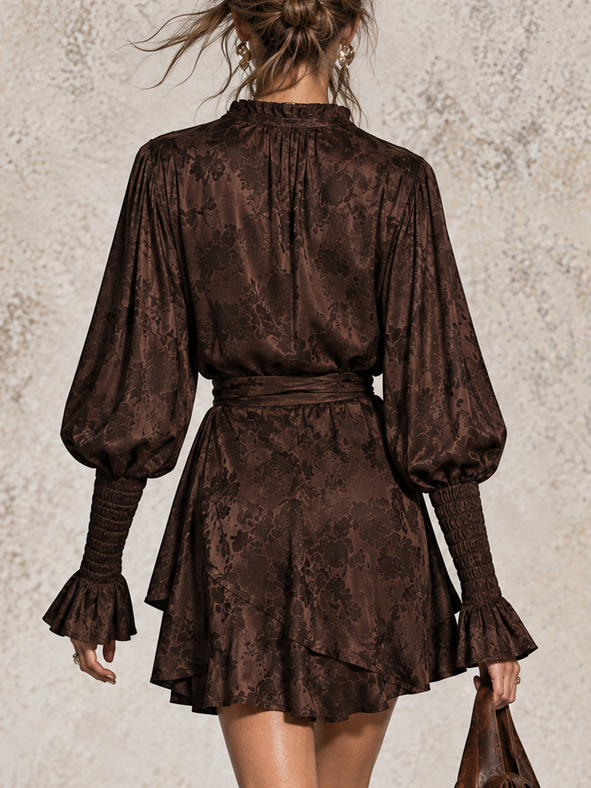Chocolate Brown Jacquard Ruffled V-Neck Balloon Sleeve Mini Dress