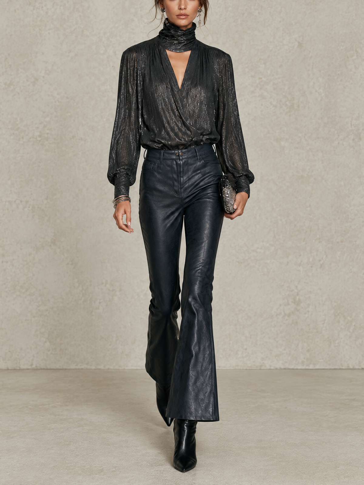 Black Metallic Choker Cutout Blouse And Deep Navy Faux Leather Flare Pants Set