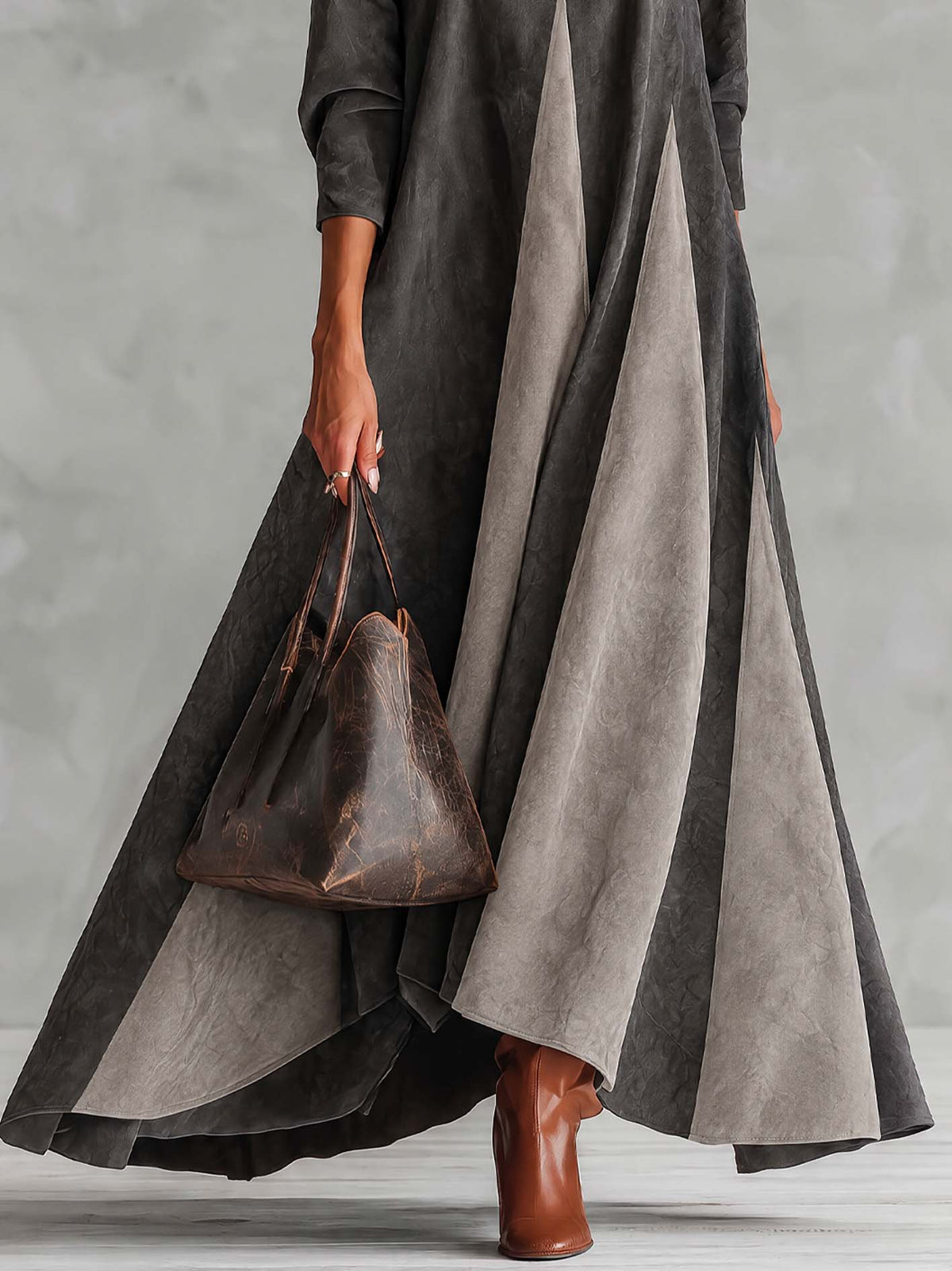 Dark Gray Faux Suede Maxi Dress With Contrast Panel And Asymmetric Front Seam