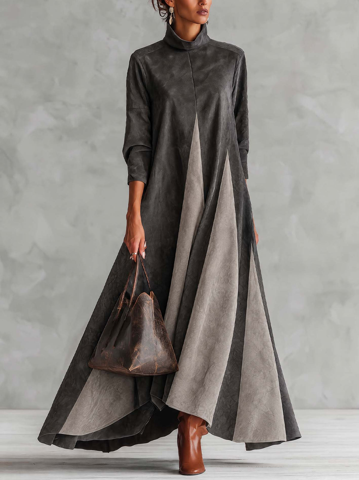 Dark Gray Faux Suede Maxi Dress With Contrast Panel And Asymmetric Front Seam