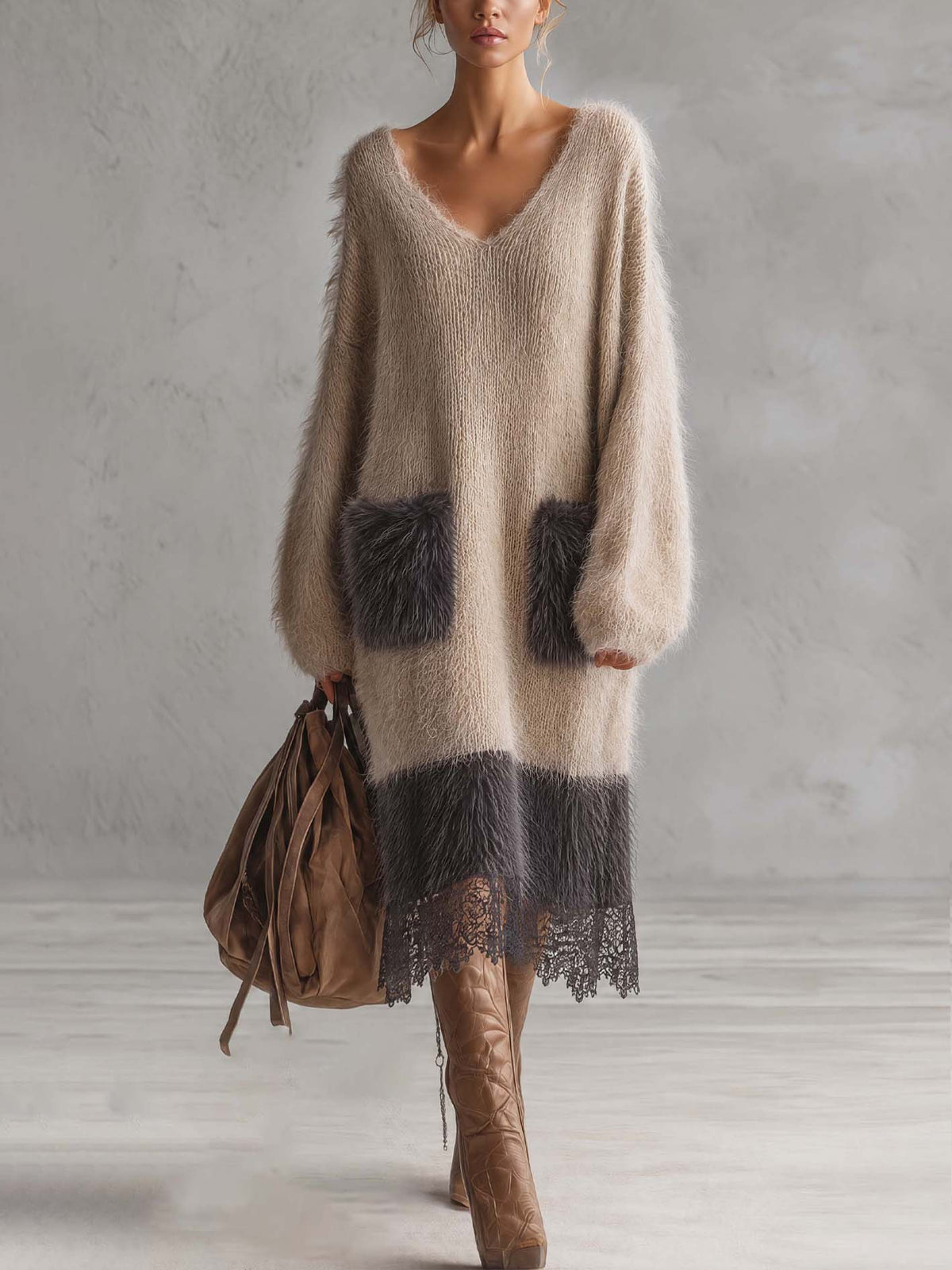 Oatmeal Beige Color Block Mohair Knit Midi Dress With Faux Fur Pockets And Lace Hem
