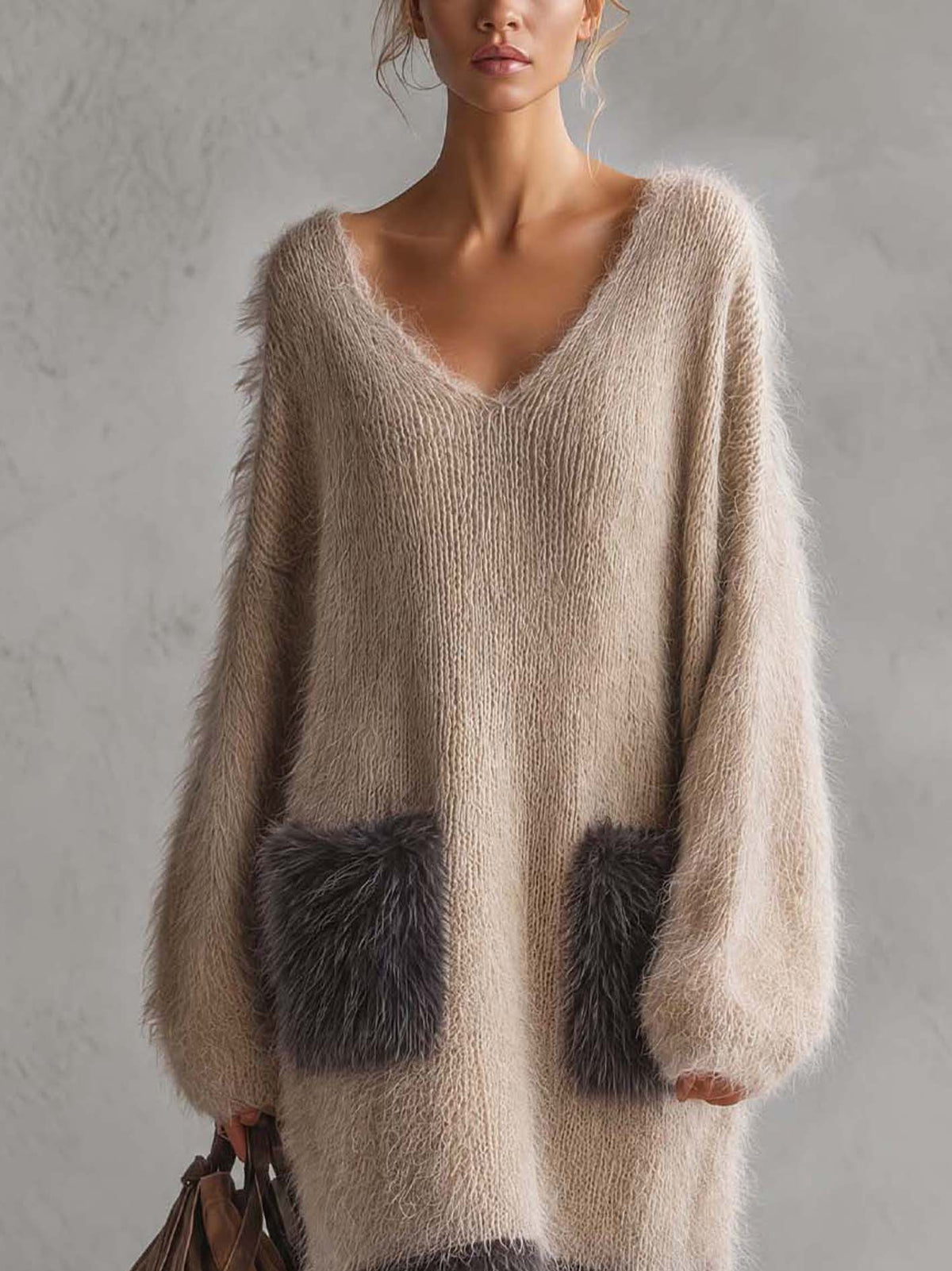 Oatmeal Beige Color Block Mohair Knit Midi Dress With Faux Fur Pockets And Lace Hem