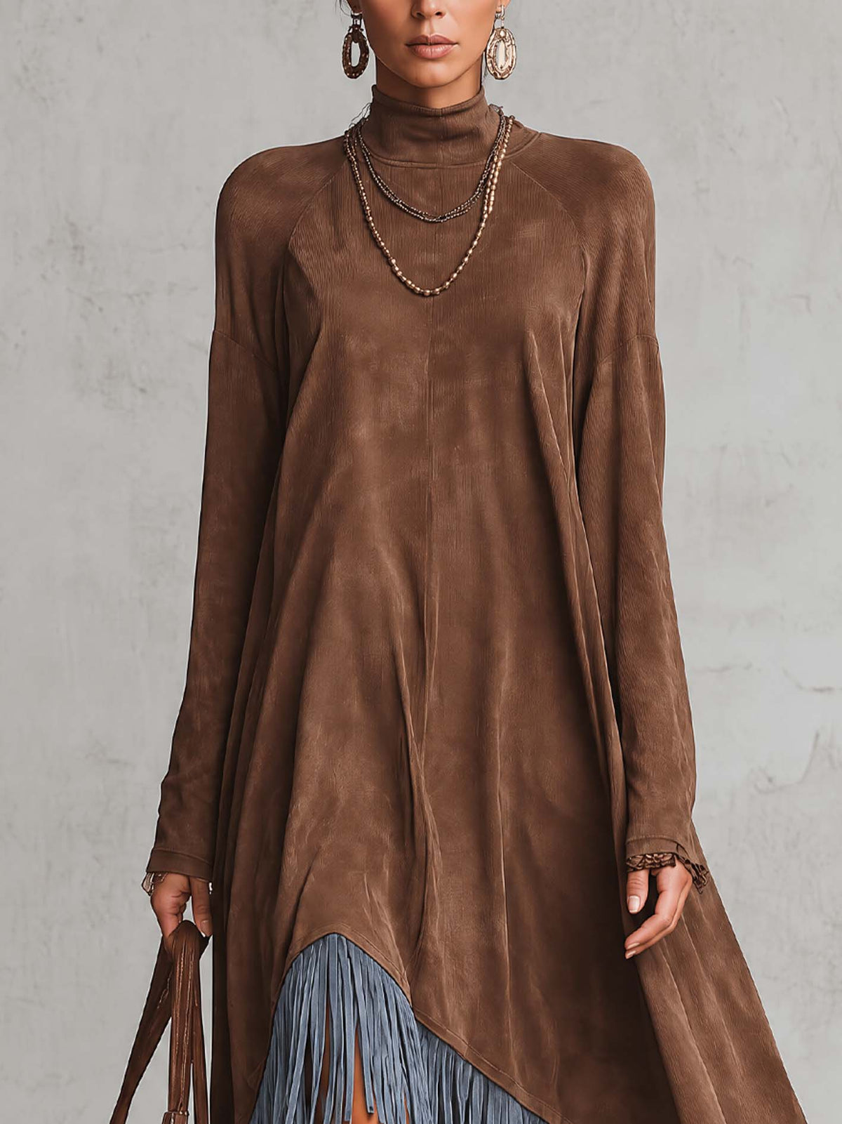 Chocolate Brown Faux Suede Maxi Dress With Asymmetric Fringe Hem