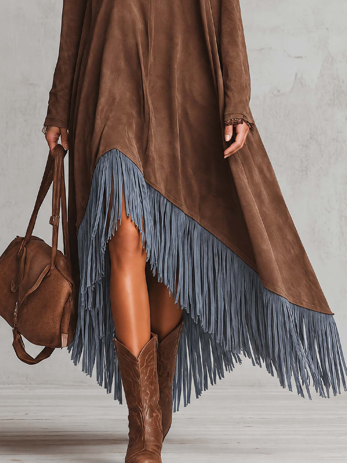 Chocolate Brown Faux Suede Maxi Dress With Asymmetric Fringe Hem