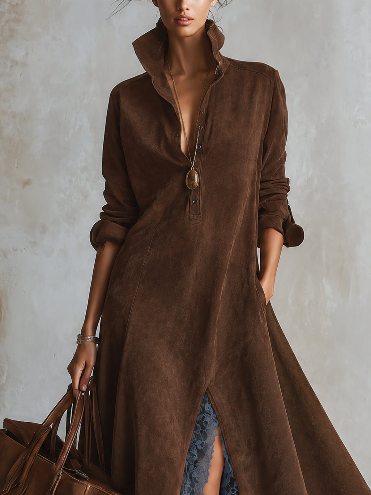 Brown Faux Suede Stand Collar Henley Button Placket Blue Lace Trim Front Slit Long Sleeve Maxi Dress