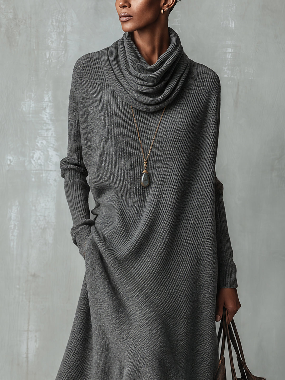 Charcoal Gray Knit Cowl Neck Black Lace Hem Maxi Dress