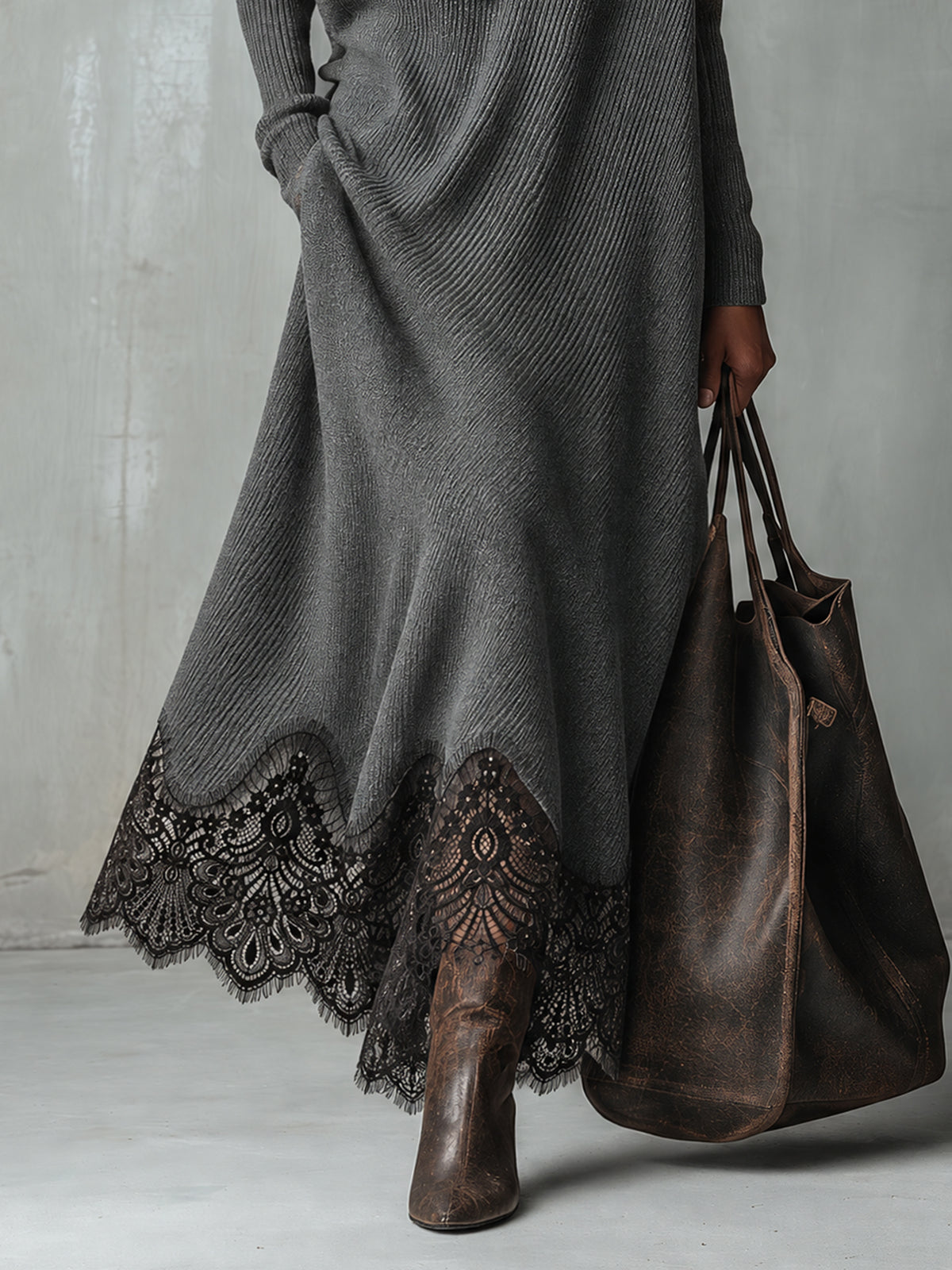 Charcoal Gray Knit Cowl Neck Black Lace Hem Maxi Dress