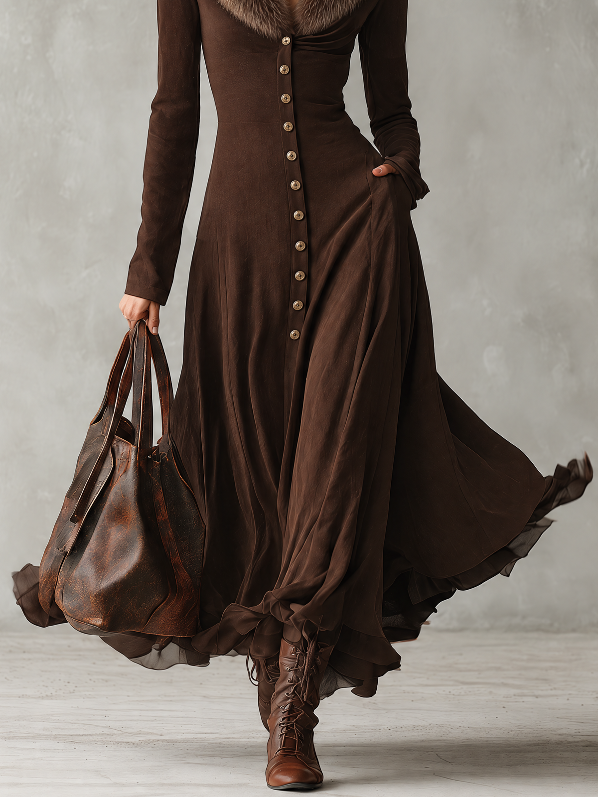 Brown Faux Fur Collar Button Front Long Sleeve Maxi Dress