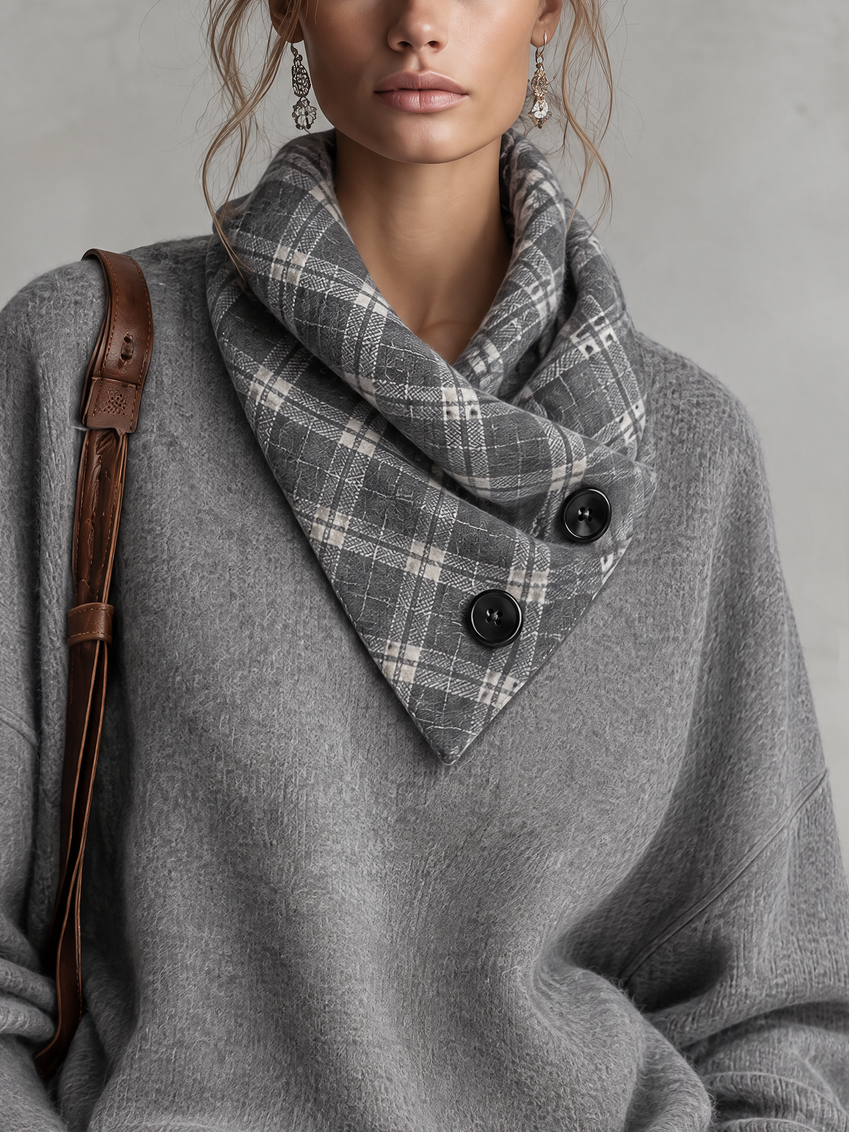 Grey Wool Blend Sweater With Plaid Asymmetric Collar