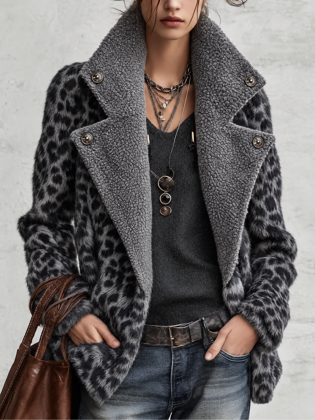 Black And Grey Leopard Faux Fur Jacket With Sherpa Collar