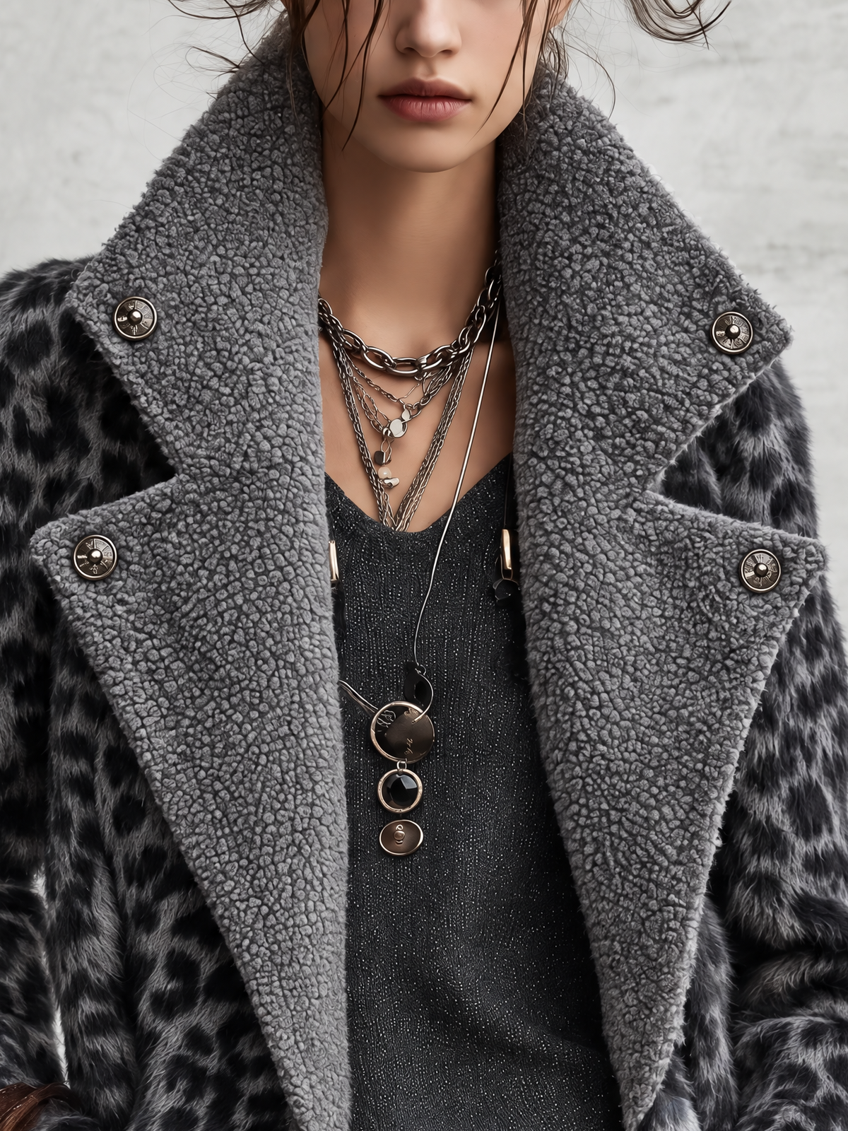 Black And Grey Leopard Faux Fur Jacket With Sherpa Collar