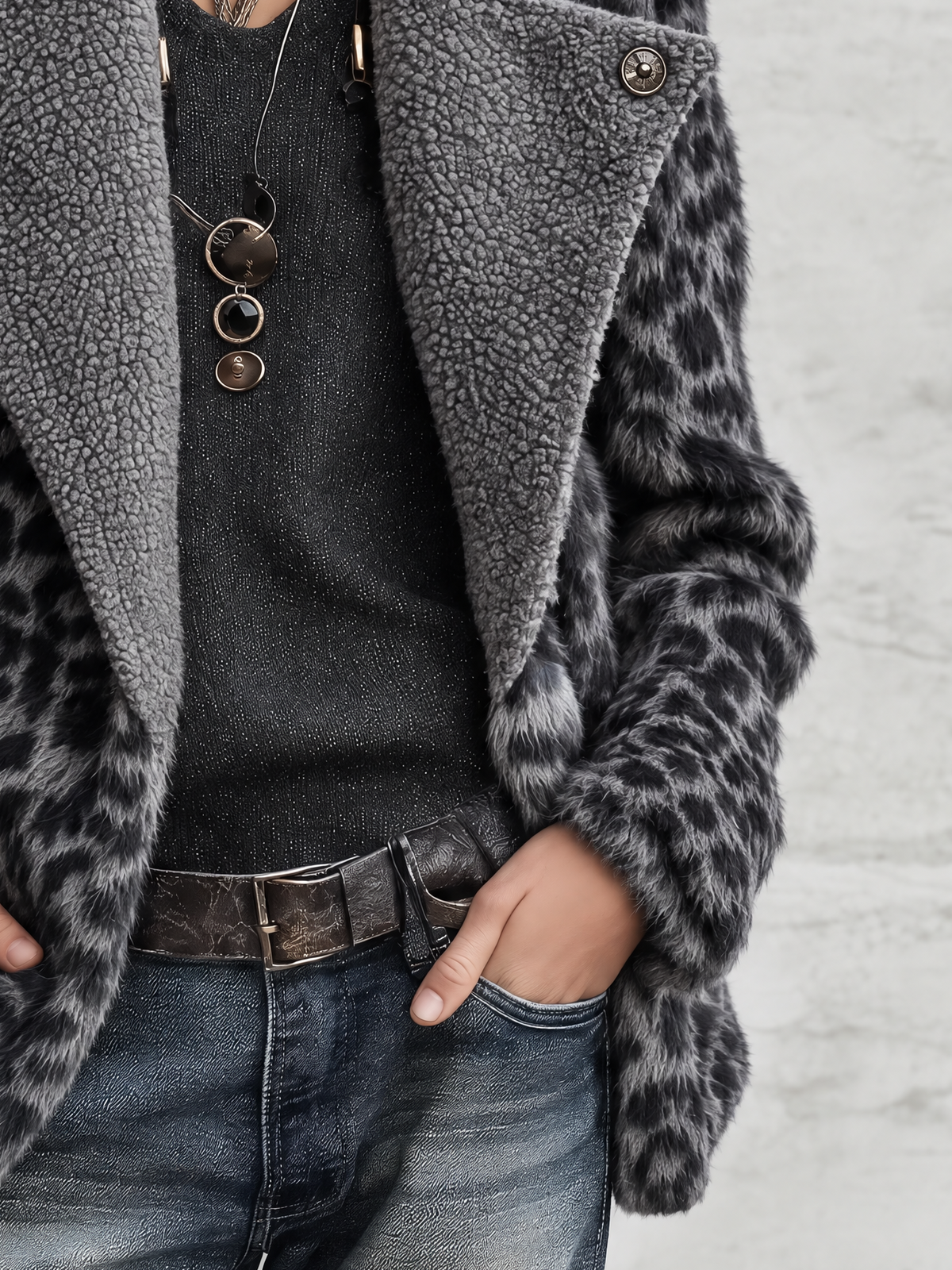 Black And Grey Leopard Faux Fur Jacket With Sherpa Collar