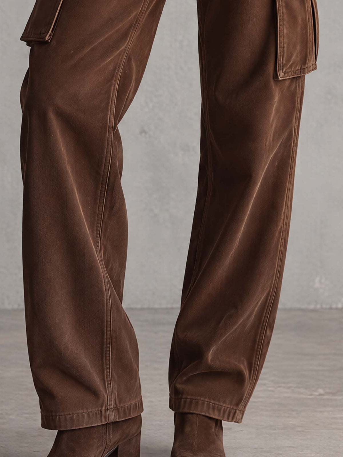 Chocolate Brown Faux Suede Wide-Leg Cargo Pants With Flap Pockets
