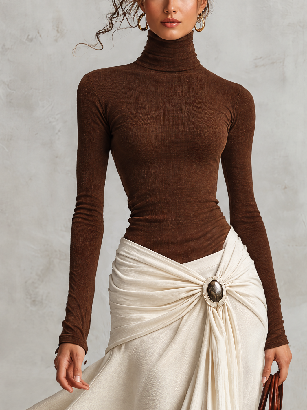 Brown Turtleneck Knit And Off-White Woven Maxi Dress