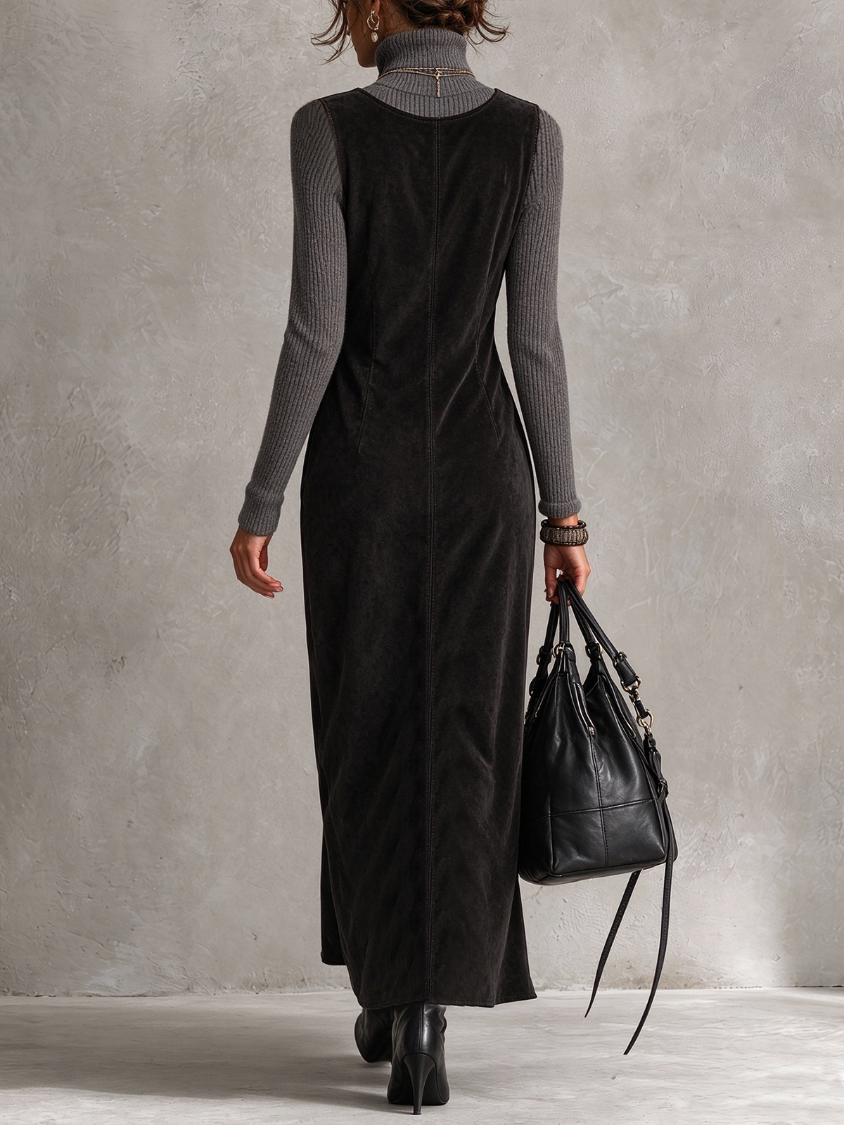 Black Faux Suede Knit Neck And Sleeve Panels Midi Dress