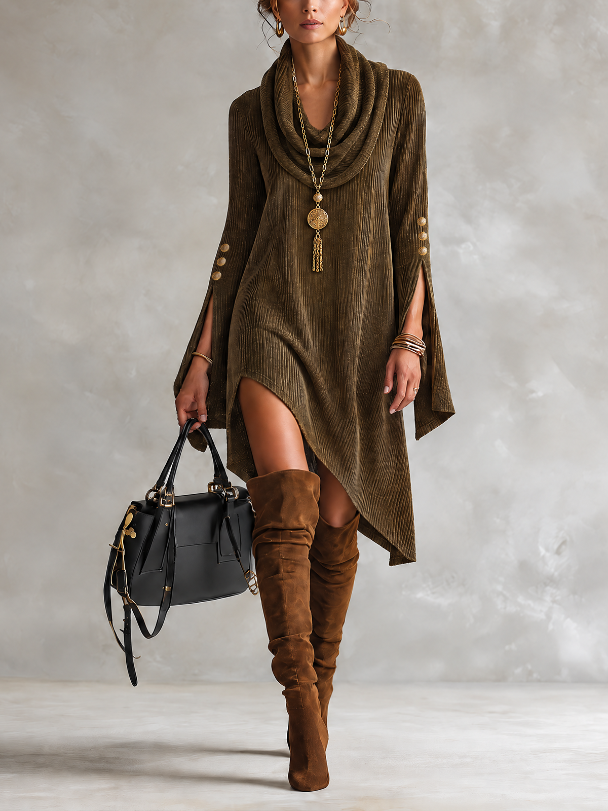 Olive Corduroy Cowl Neck Mini Dress