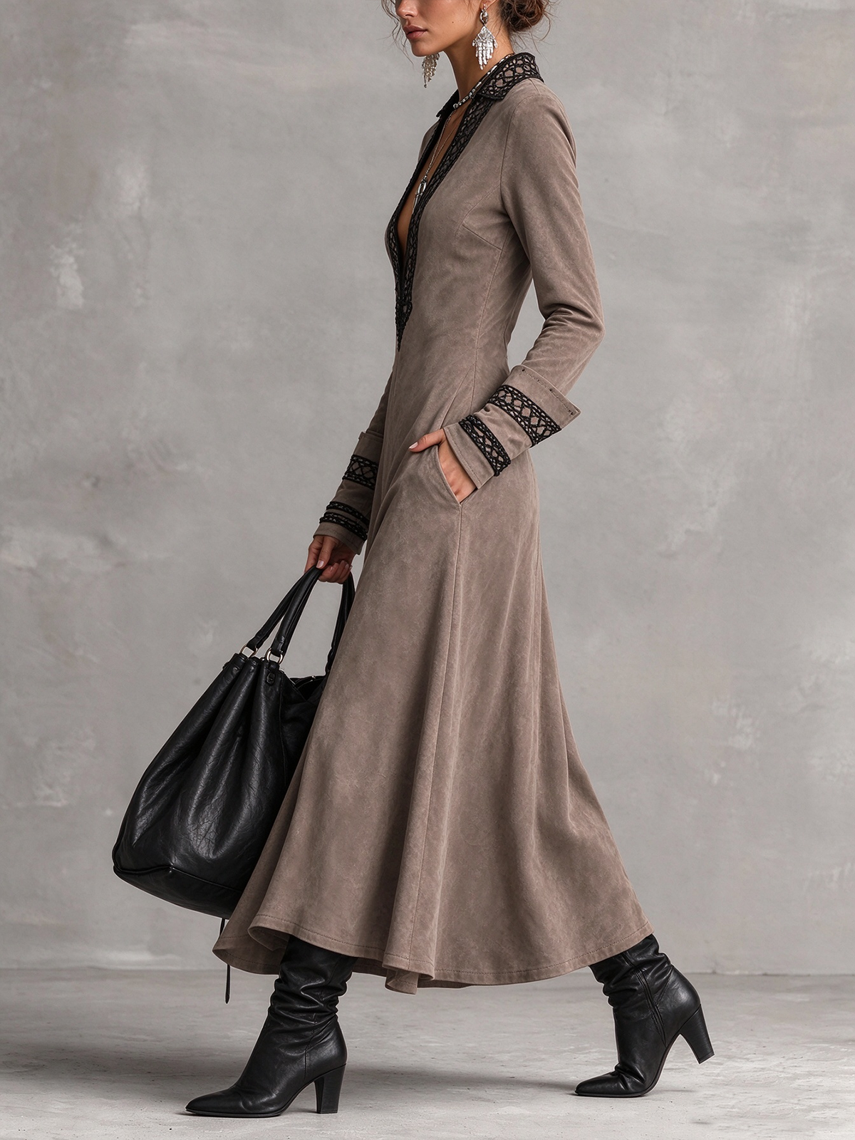 Taupe Faux Suede Lace Trim Deep V Maxi Dress