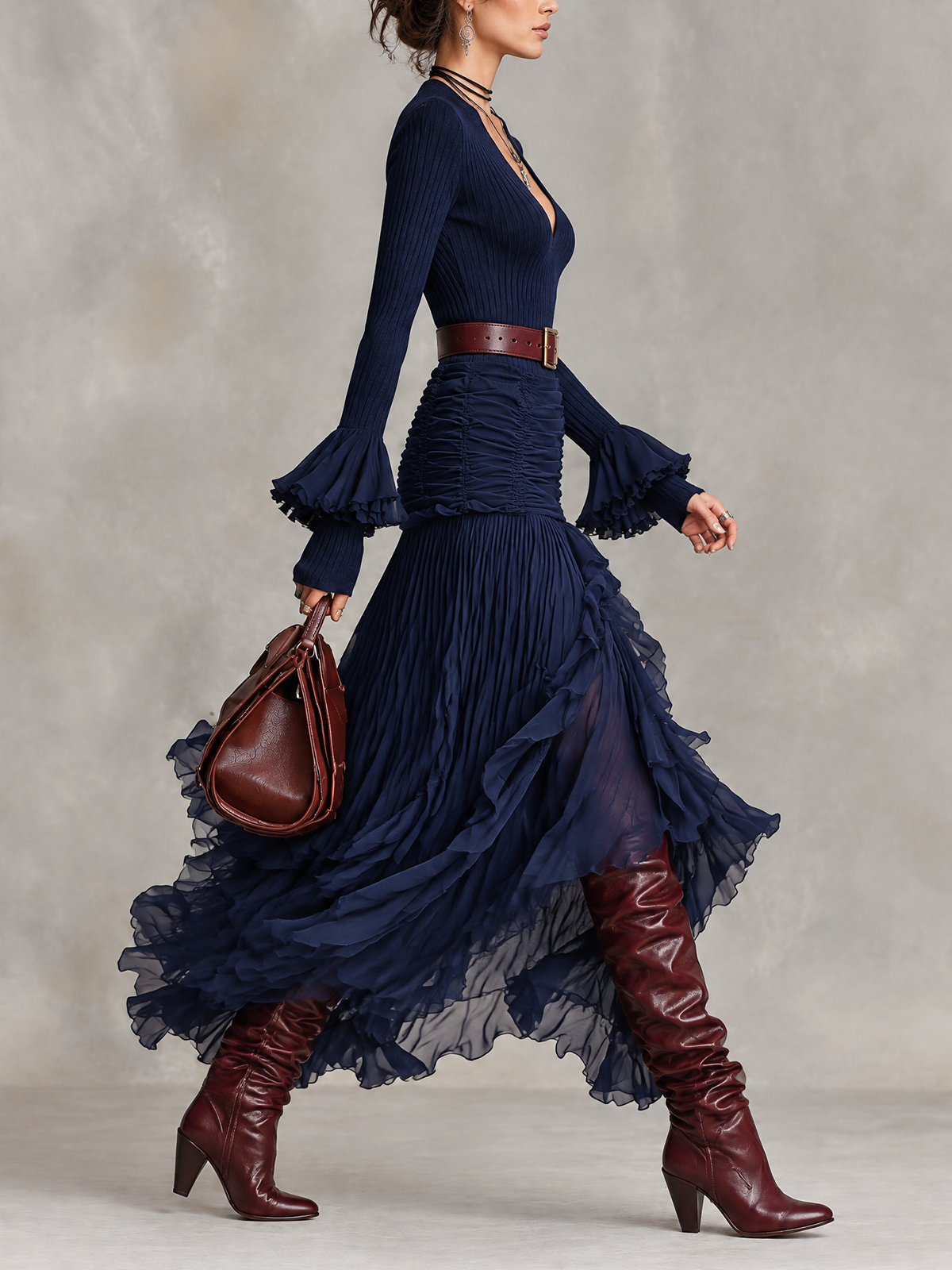 Navy Ribbed Knit And Chiffon Ruffled Maxi Dress