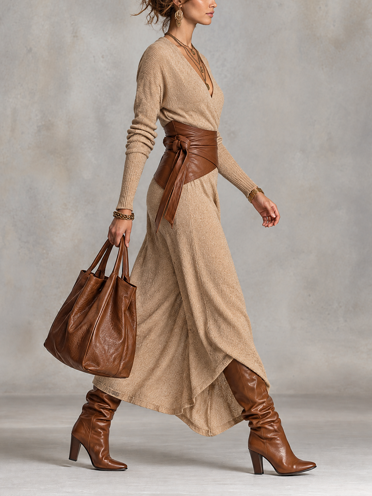 Beige Ribbed Knit Wrap V-Neck Asymmetric Maxi Dress