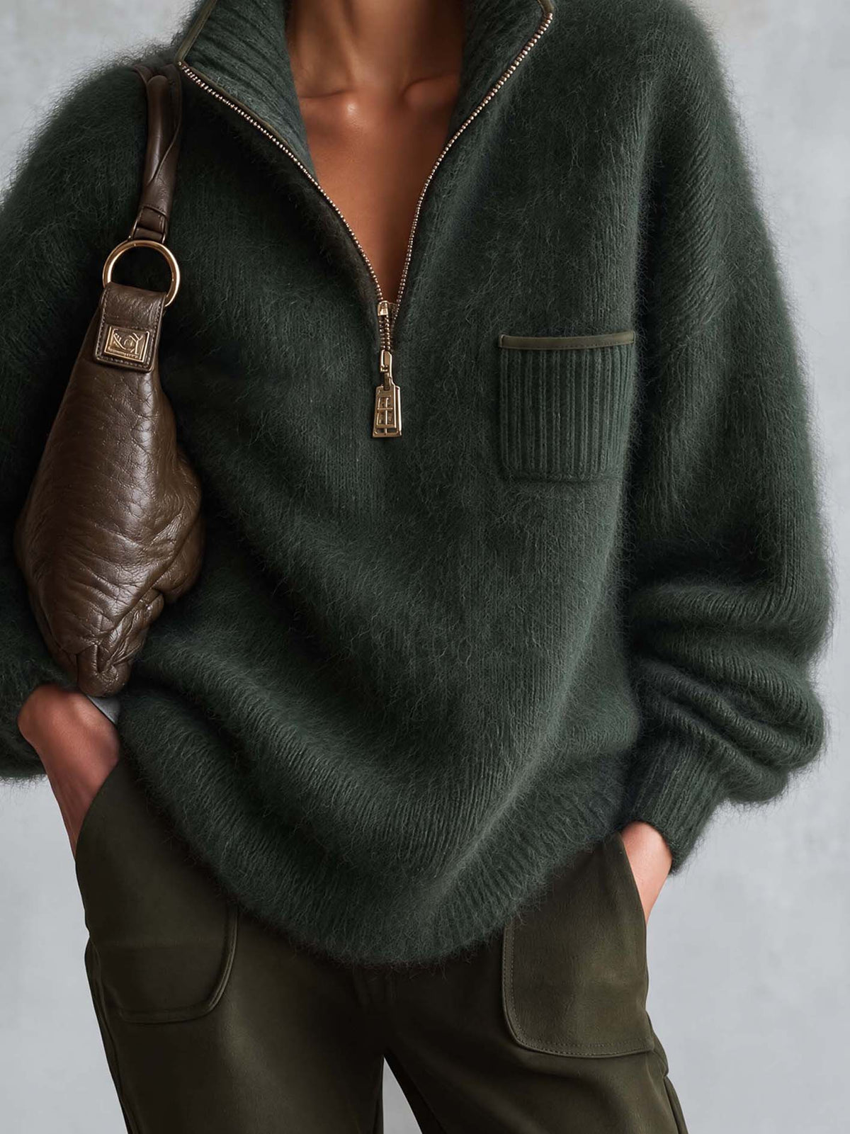 Forest Green Fuzzy Mohair Half-Zip Sweater With Suede Trim
