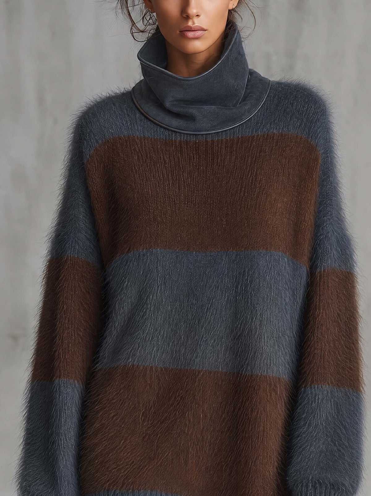 Slate Blue And Brown Striped Mohair Knit Mini Dress With Suede Funnel Collar