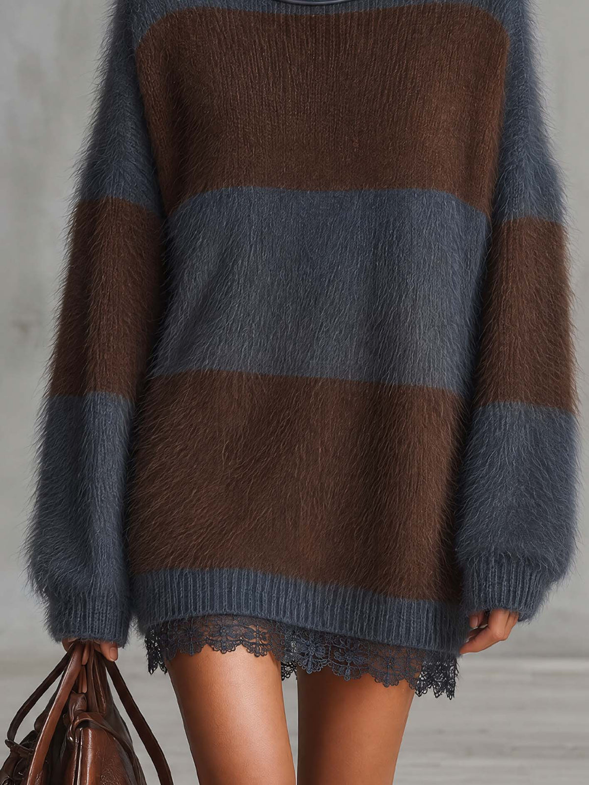 Slate Blue And Brown Striped Mohair Knit Mini Dress With Suede Funnel Collar