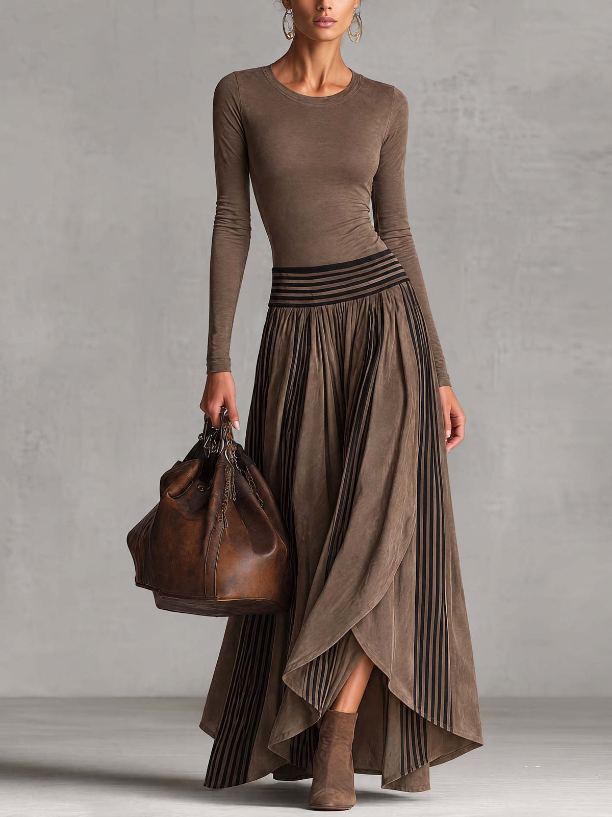 Taupe Faux Suede Bodice Maxi Dress With Striped Pleated Asymmetric Skirt