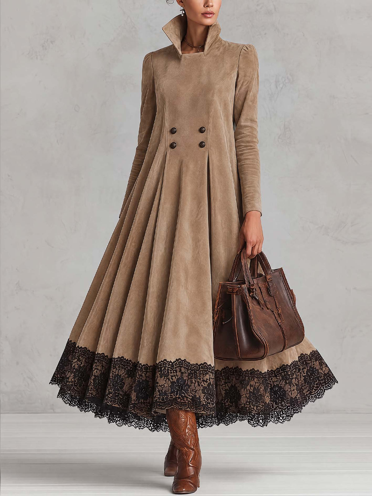 Camel Faux Suede Coat Maxi Dress With Black Lace Hem And Double-Breasted Buttons