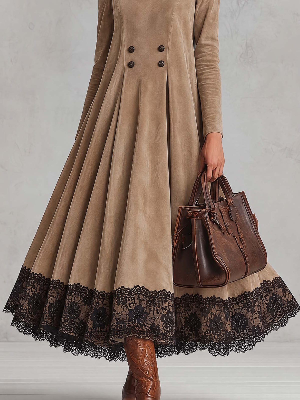 Camel Faux Suede Coat Maxi Dress With Black Lace Hem And Double-Breasted Buttons