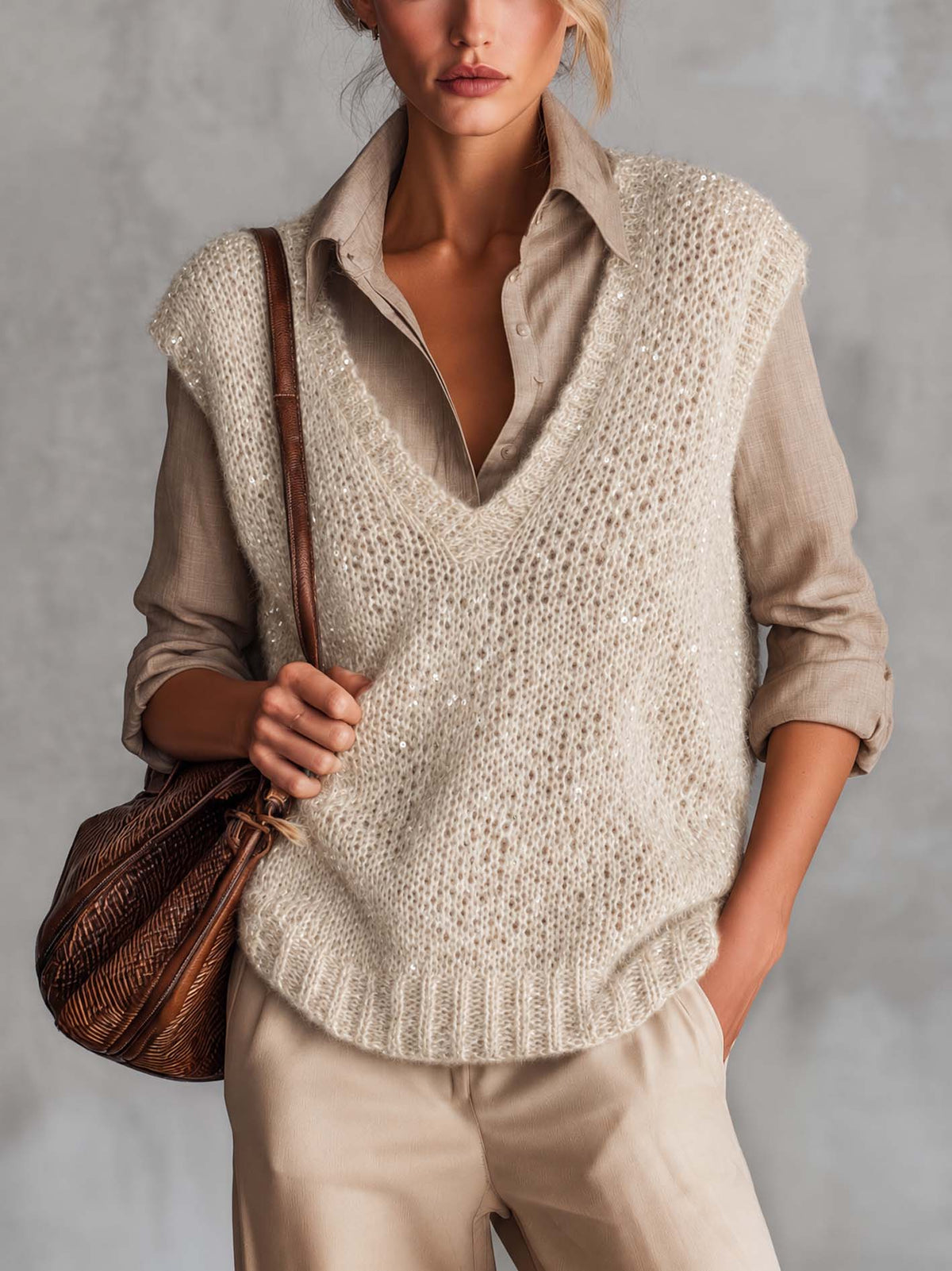 Beige Sequin Open-Knit Sweater Vest And Taupe Linen Shirt Set