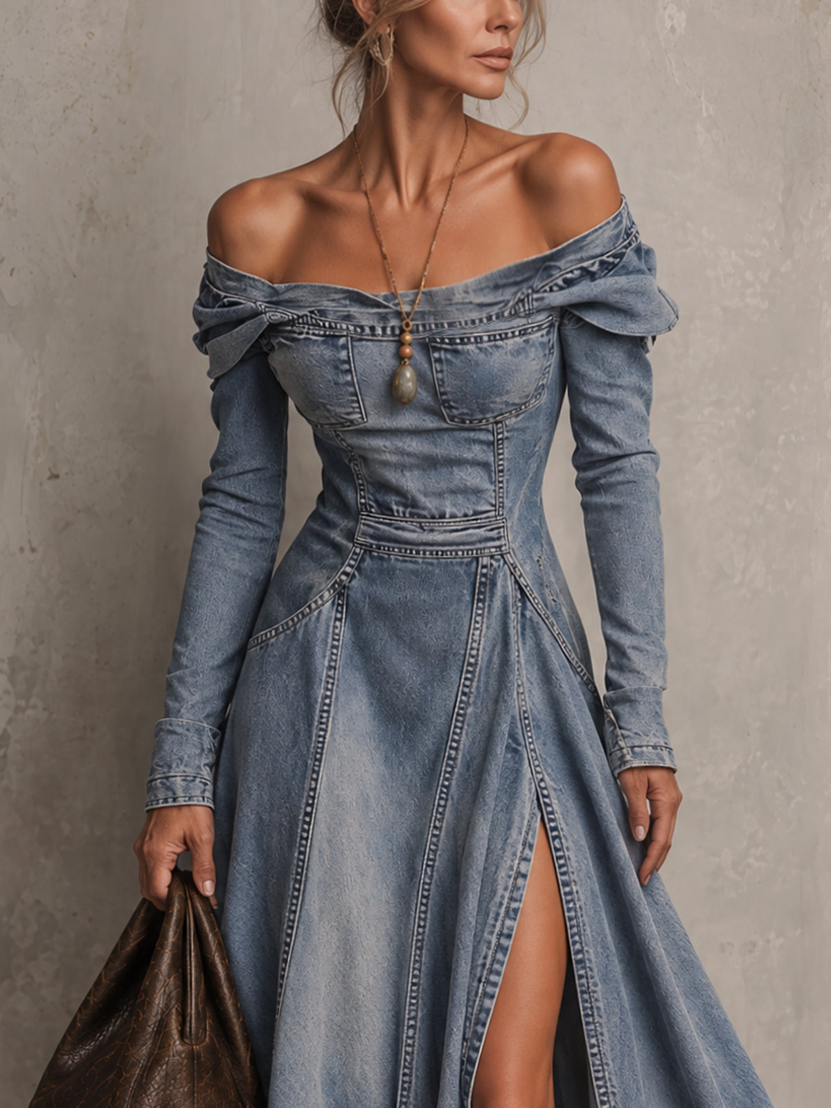 Blue Washed Denim Off Shoulder Handkerchief Hem Maxi Dress