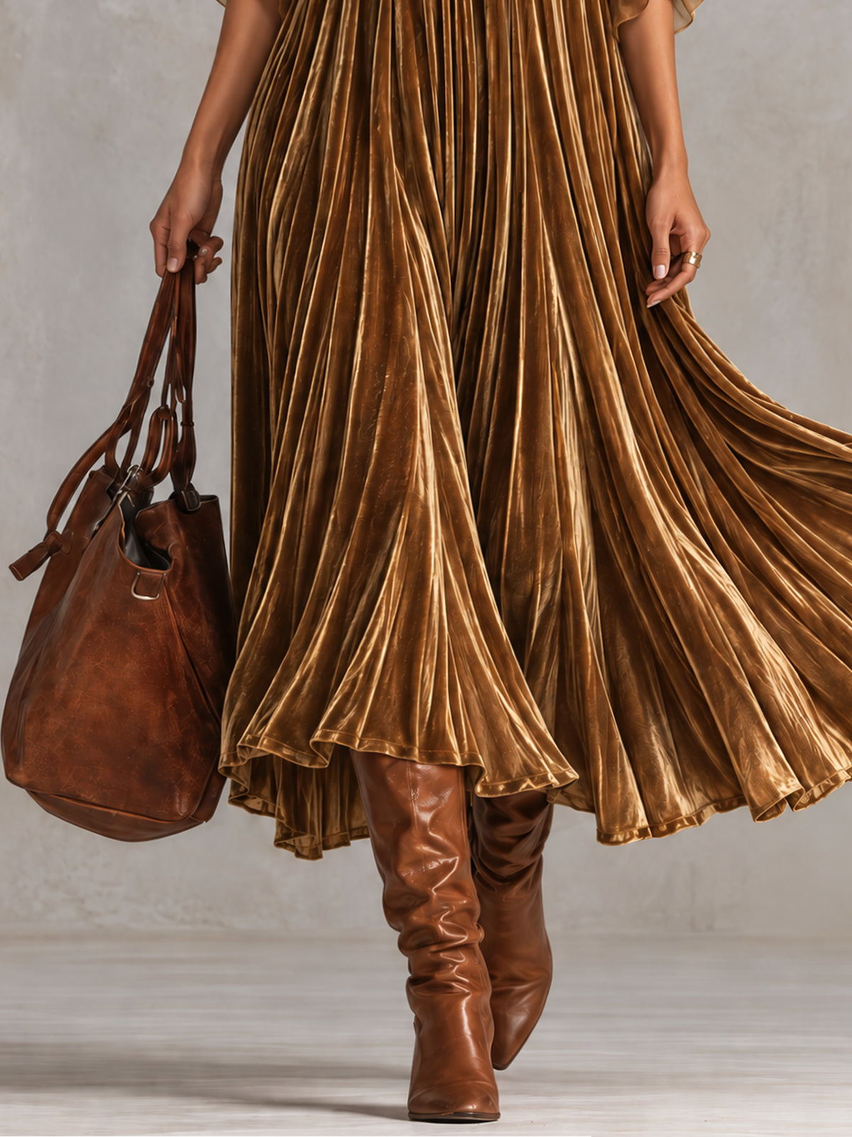 Gold Velvet Deep V-Neck Ruffle Trim Sheer Chiffon Sleeve Swing Midi Dress