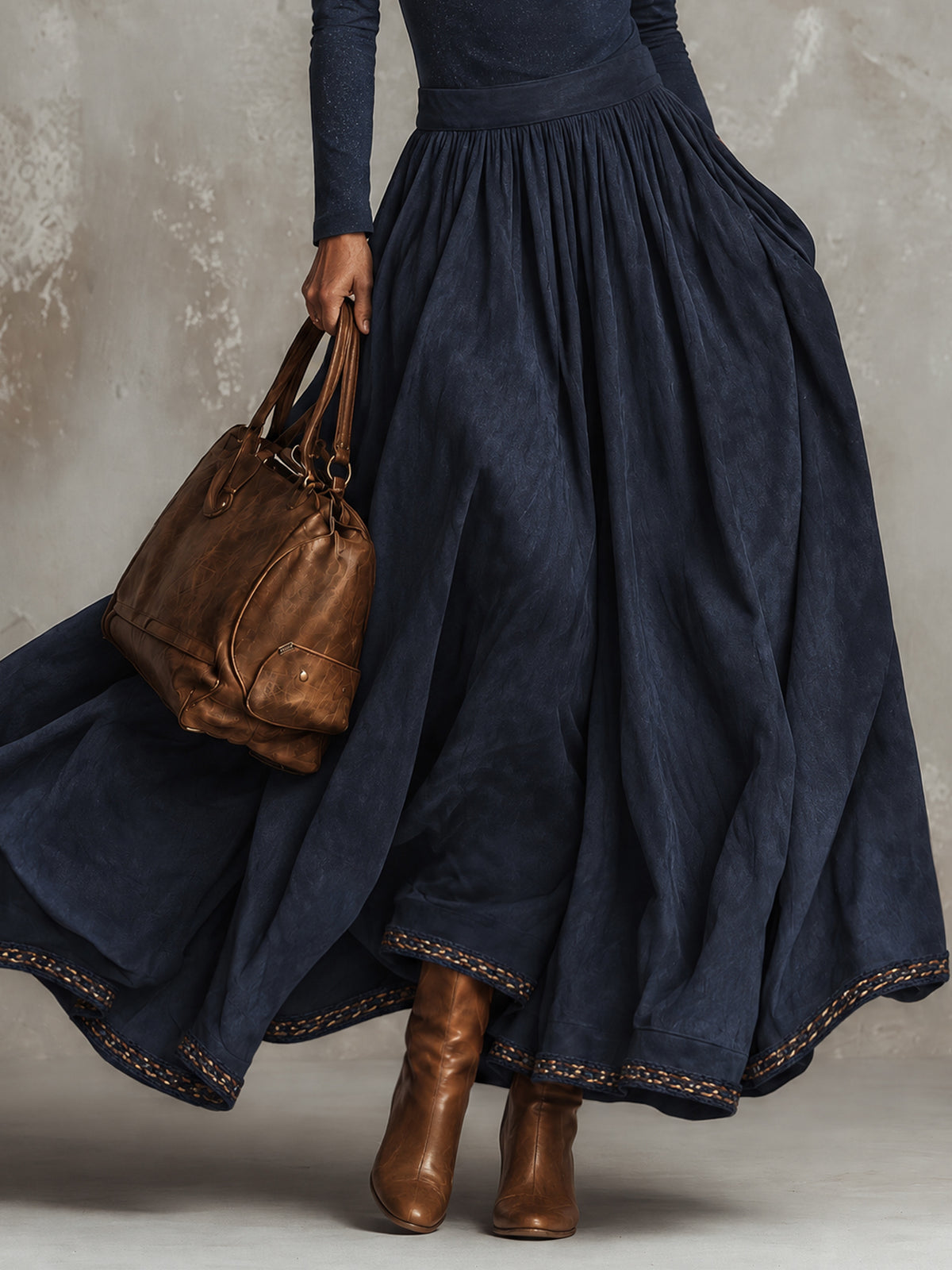 Navy Shimmer Knit Faux Suede Patchwork Maxi Dress
