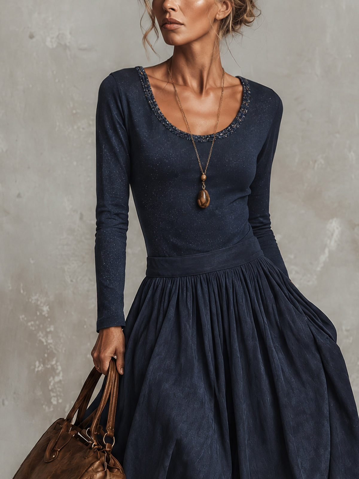 Navy Shimmer Knit Faux Suede Patchwork Maxi Dress