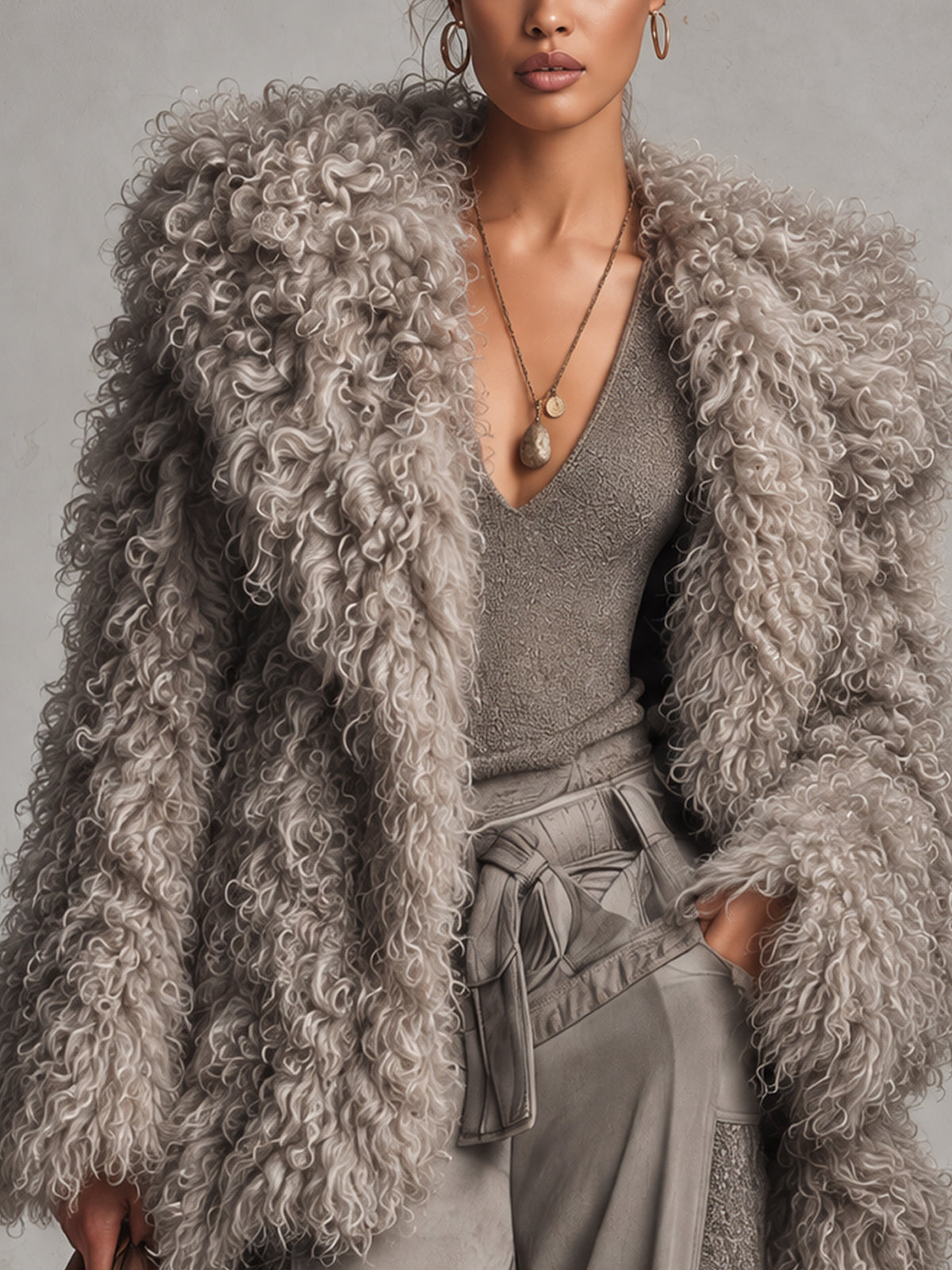 Gray Oversized Curly Faux Fur Open Front Short Coat