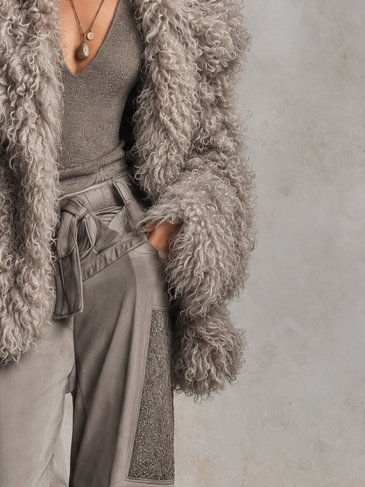 Gray Oversized Curly Faux Fur Open Front Short Coat