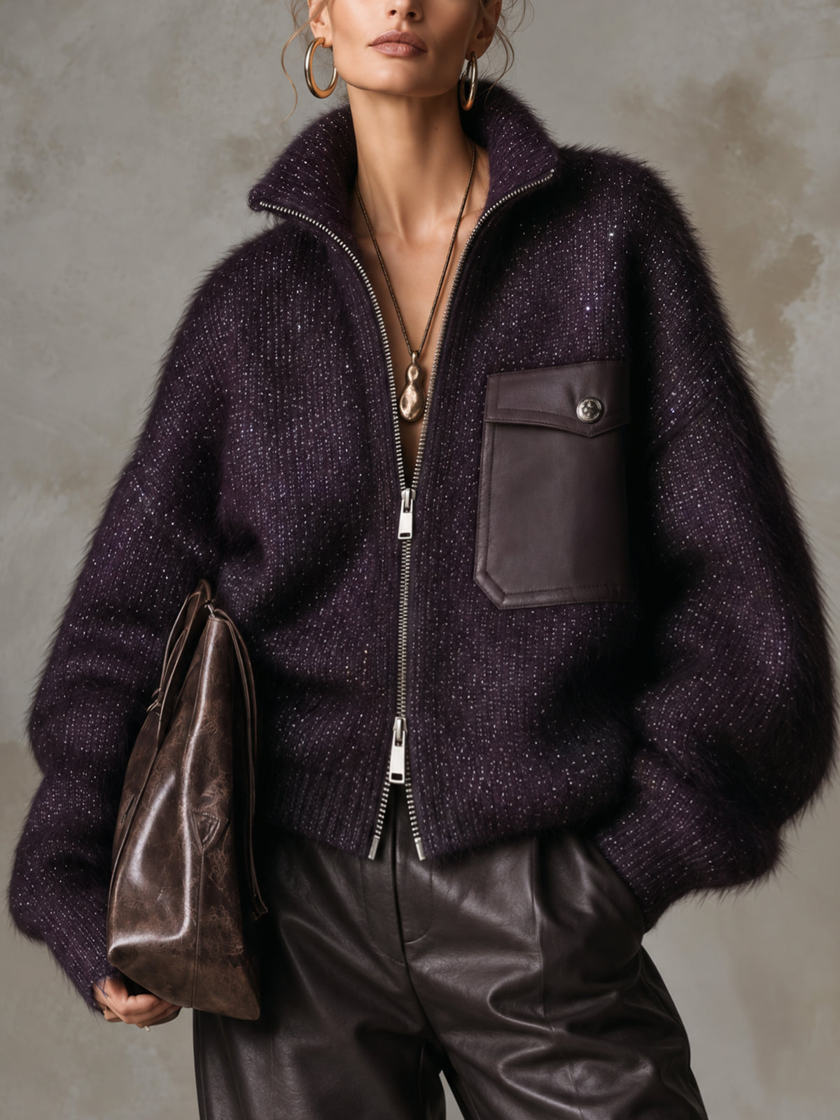 Purple Oversized Fuzzy Glitter Knit Dual Zip Up Sweater Jacket