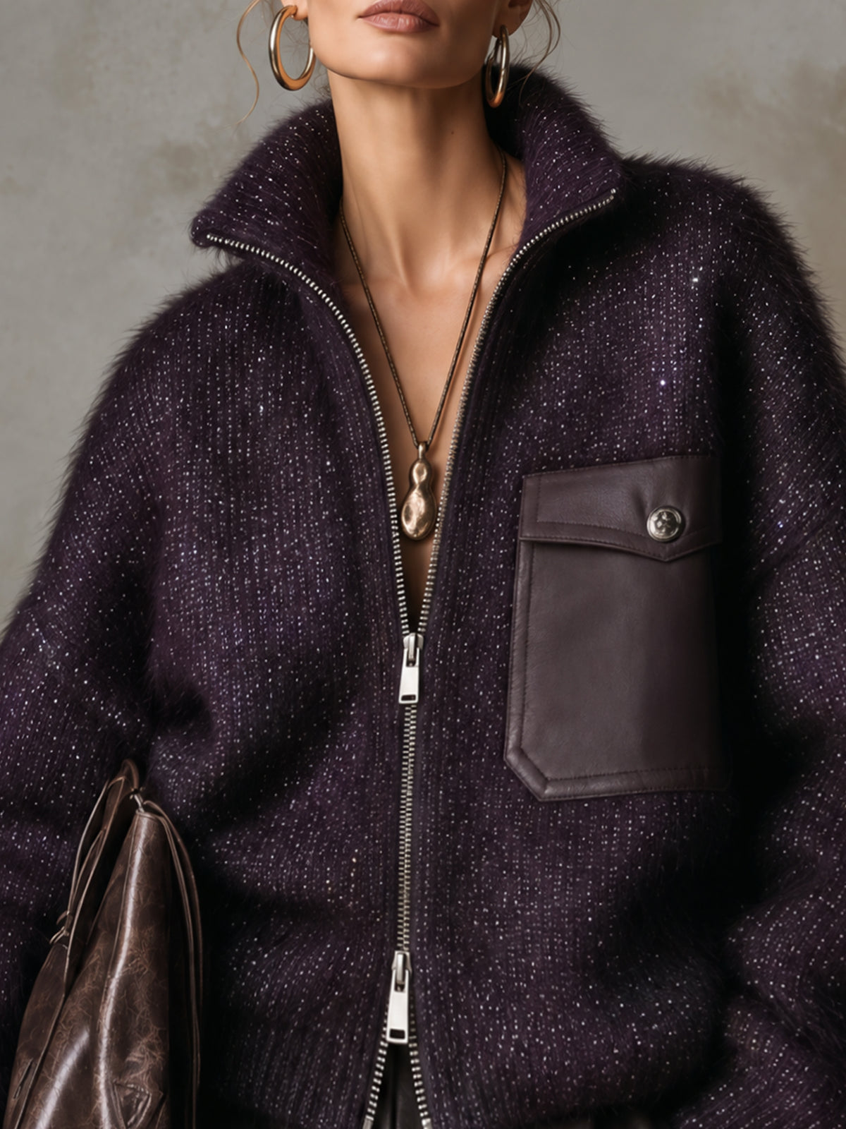 Purple Oversized Fuzzy Glitter Knit Dual Zip Up Sweater Jacket